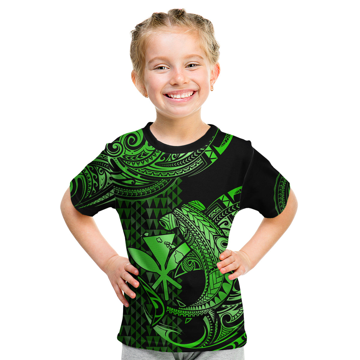 (Custom Personalised) Hawaii Hammerhead Shark Kid T Shirt Polynesian Kakau With Kanaka Green LT14 Youth XL Size14 - Polynesian Pride