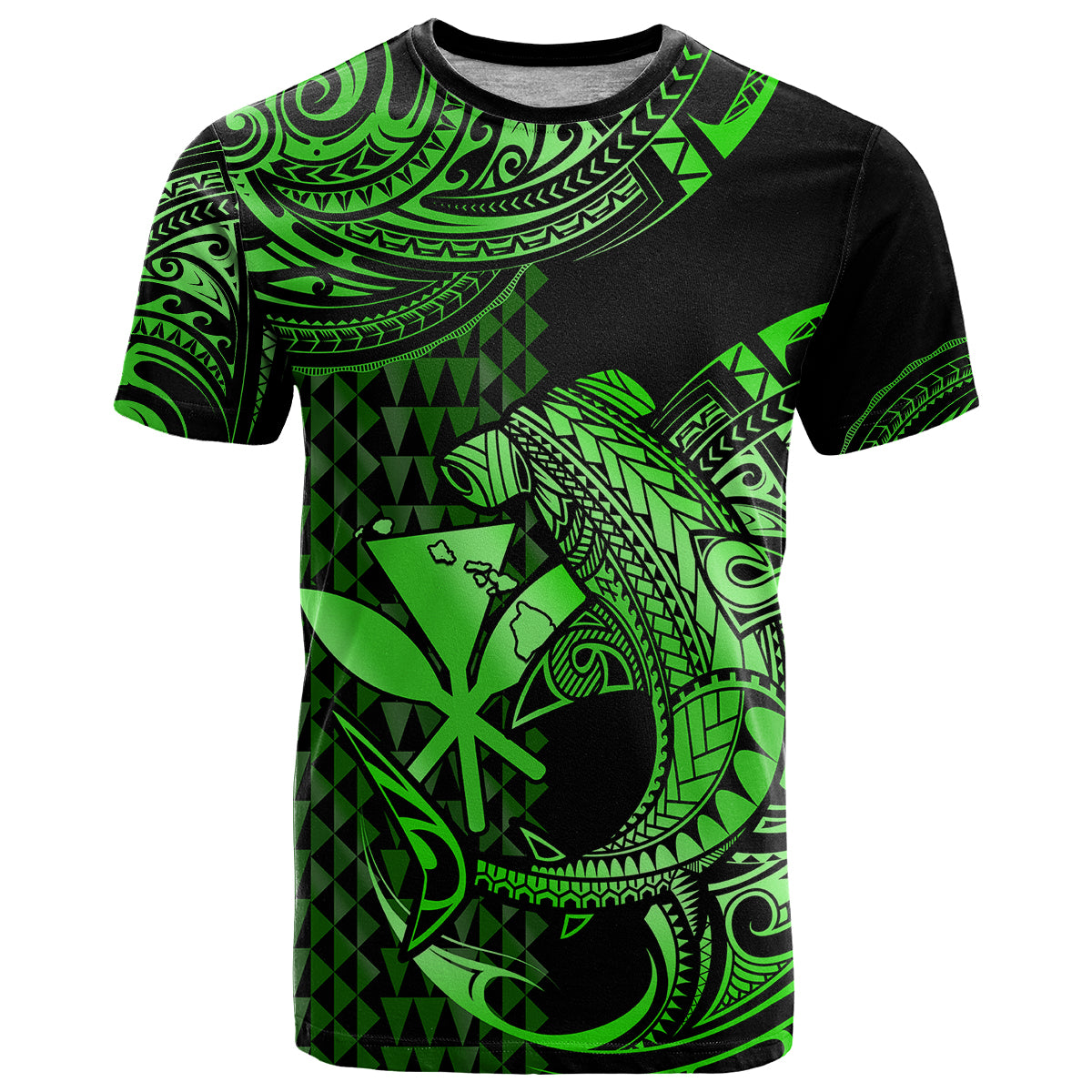 Custom Hawaii Hammerhead Shark T Shirt Polynesian Kakau With Kanaka Green LT14 Green - Polynesian Pride