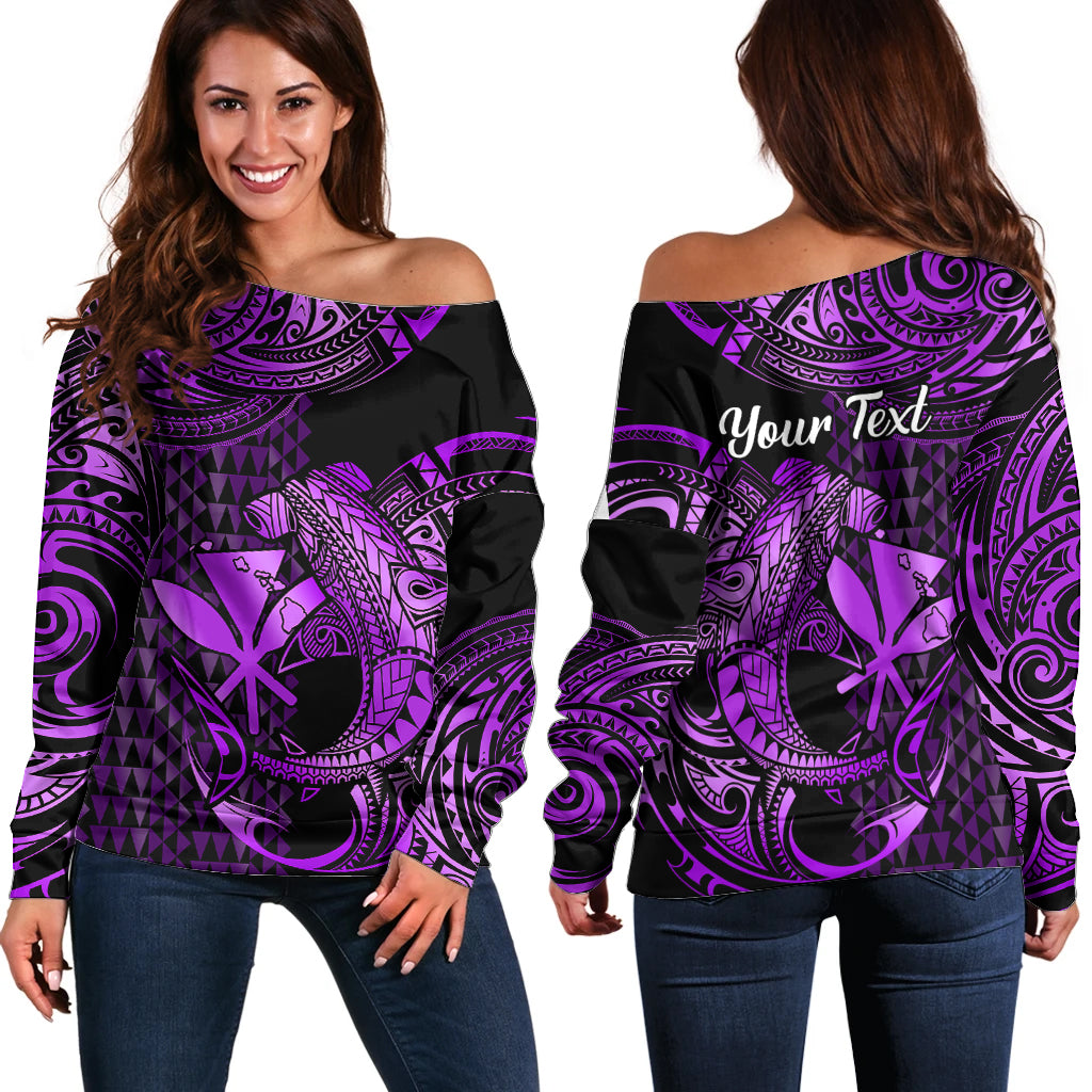 (Custom Personalised) Hawaii Hammerhead Shark Off Shoulder Sweater Polynesian Kakau With Kanaka Purple LT14 Women Purple - Polynesian Pride