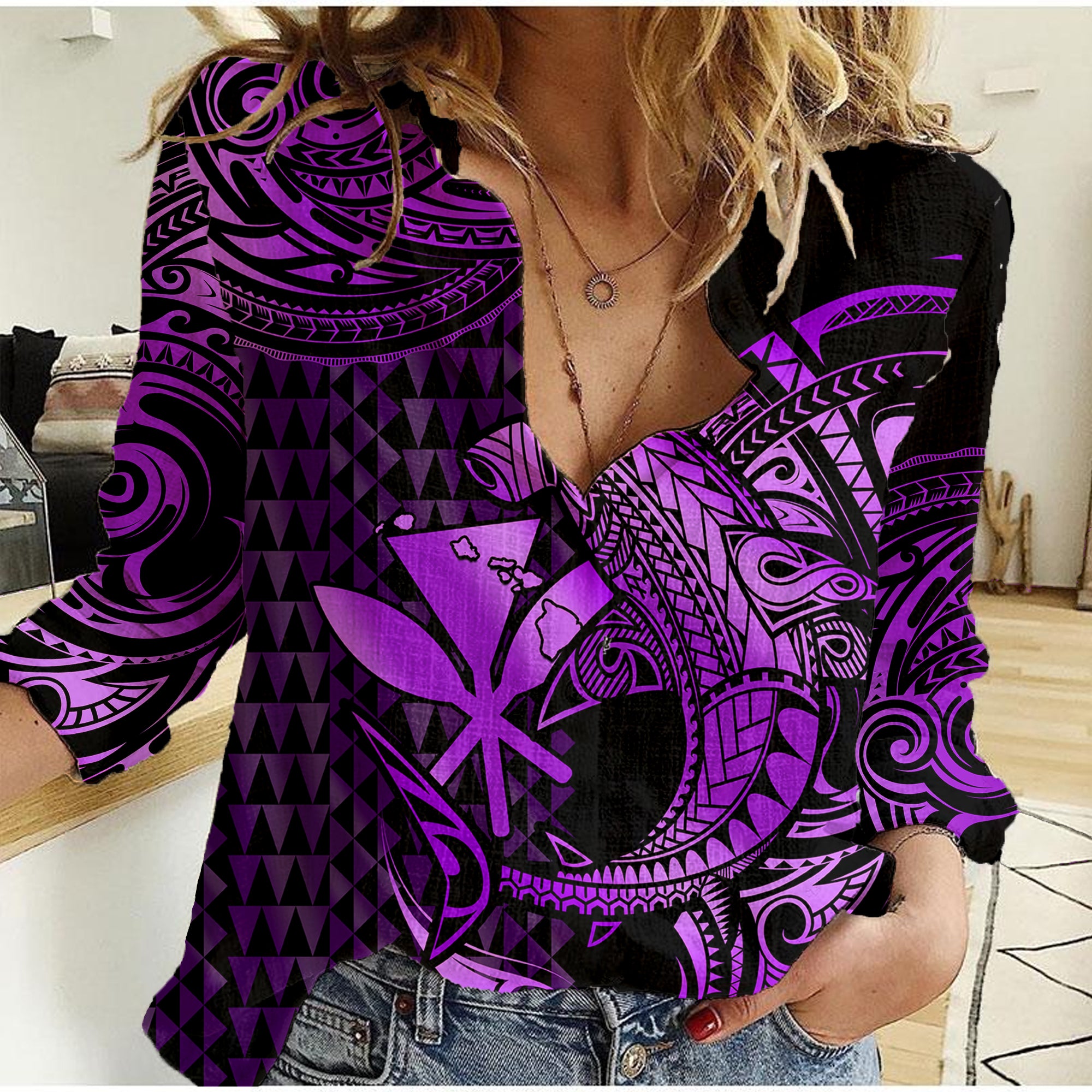 (Custom Personalised) Hawaii Hammerhead Shark Women Casual Shirt Polynesian Kakau With Kanaka Purple LT14 Female Purple - Polynesian Pride