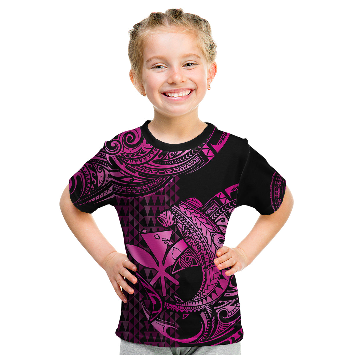 (Custom Personalised) Hawaii Hammerhead Shark Kid T Shirt Polynesian Kakau With Kanaka Pink LT14 - Polynesian Pride