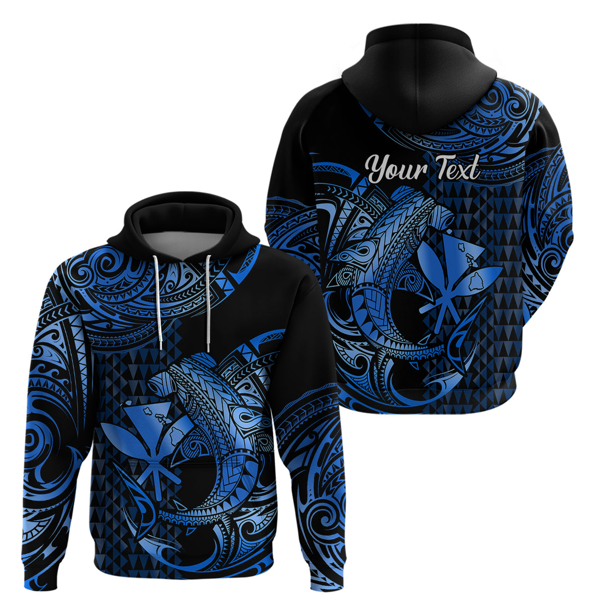 Custom Hawaii Hammerhead Shark Hoodie Polynesian Kakau With Kanaka Blue LT14 Pullover Hoodie Blue - Polynesian Pride