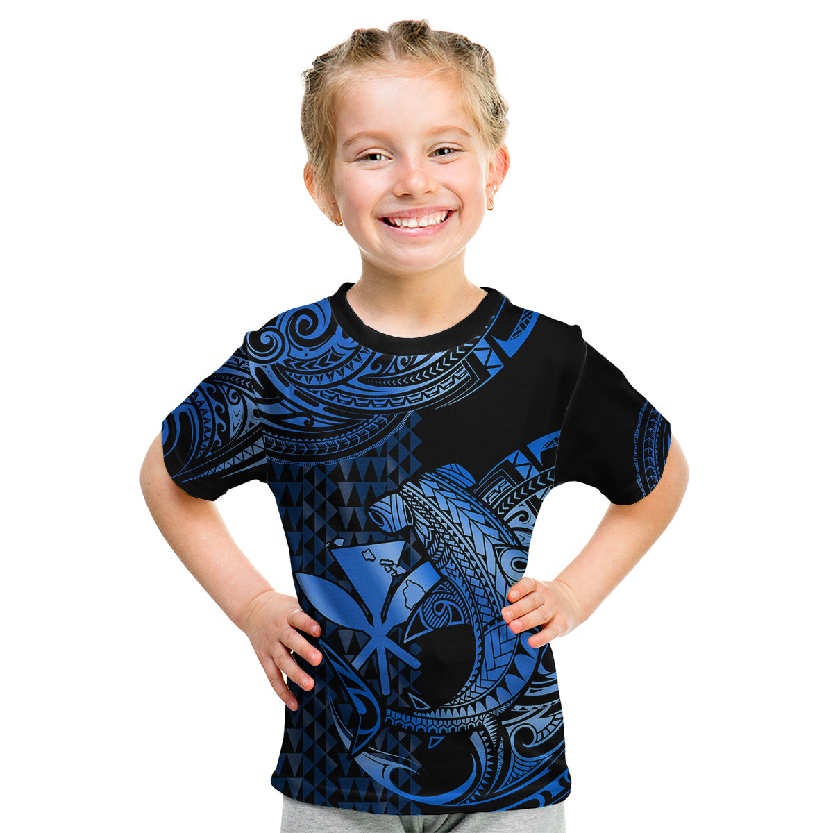 (Custom Personalised) Hawaii Hammerhead Shark Kid T Shirt Polynesian Kakau With Kanaka Blue LT14 Youth XL Size14 - Polynesian Pride