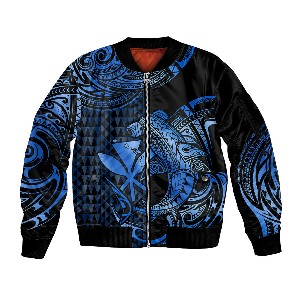 (Custom Personalised) Hawaii Hammerhead Shark Sleeve Zip Bomber Jacket Polynesian Kakau With Kanaka Blue LT14 Unisex Blue - Polynesian Pride