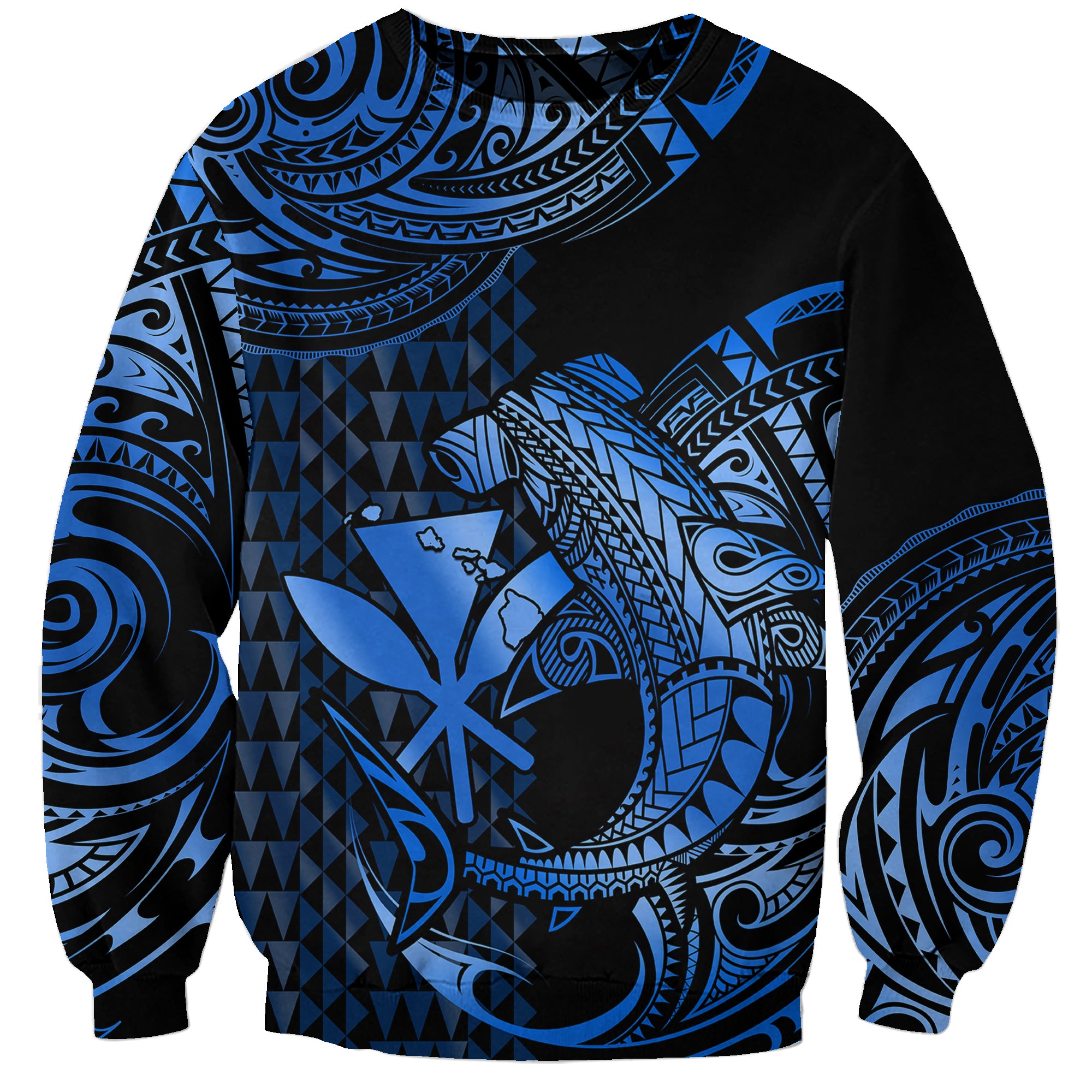 (Custom Personalised) Hawaii Hammerhead Shark Sweatshirt Polynesian Kakau With Kanaka Blue LT14 Unisex Blue - Polynesian Pride