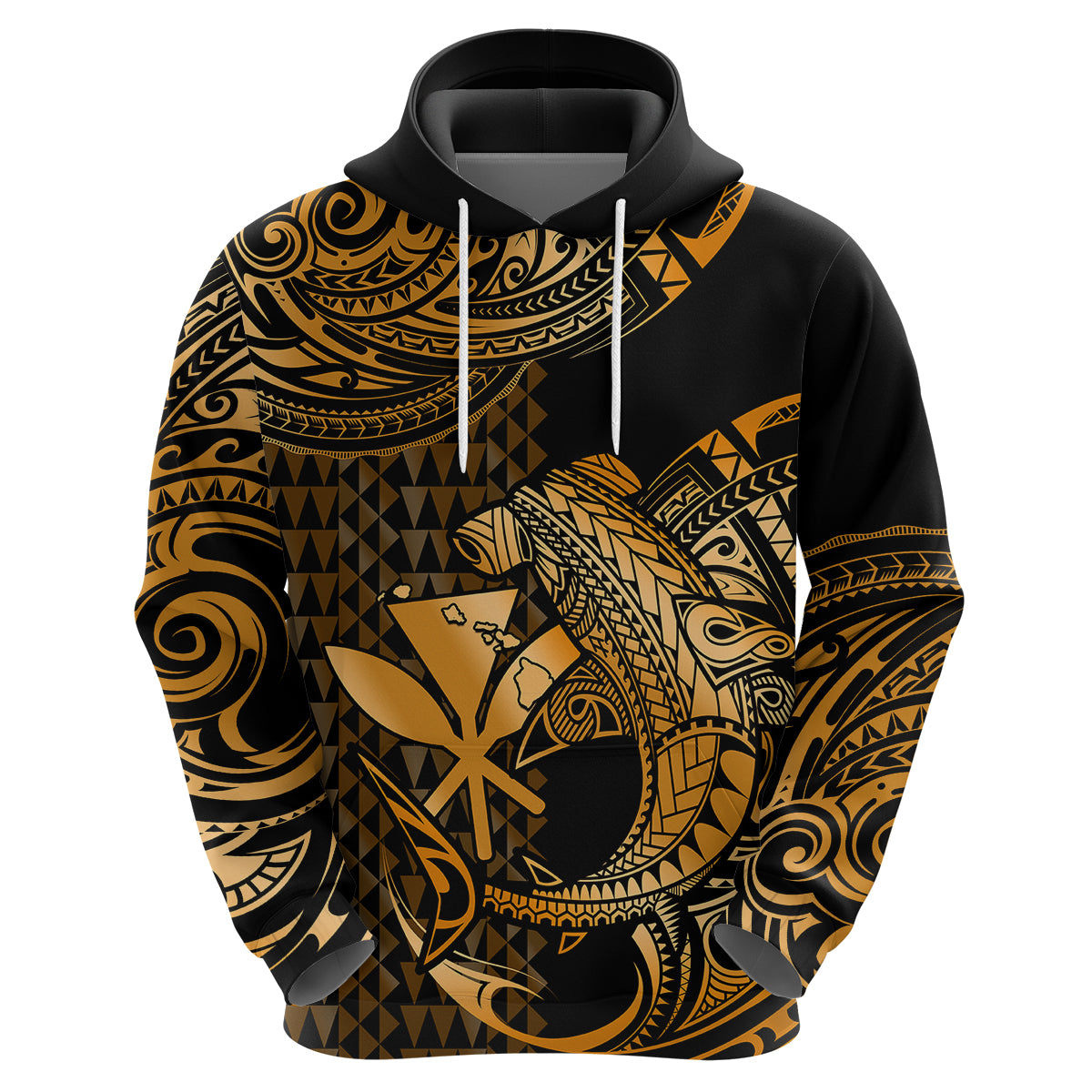 Custom Hawaii Hammerhead Shark Hoodie Polynesian Kakau With Kanaka Gold LT14 Zip Hoodie Gold - Polynesian Pride