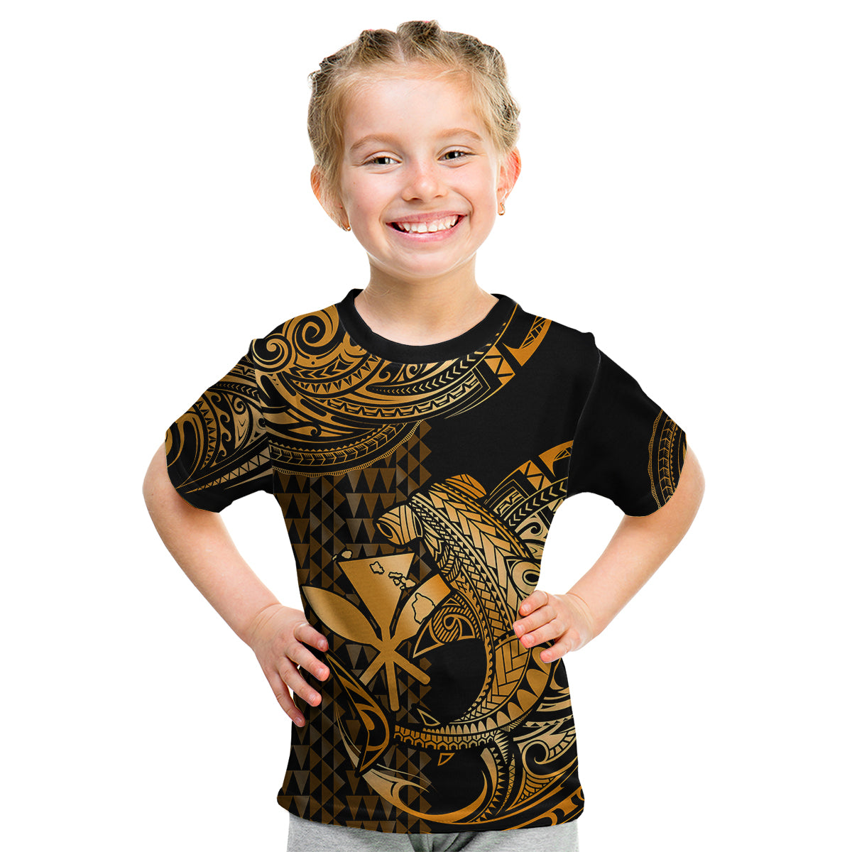 (Custom Personalised) Hawaii Hammerhead Shark Kid T Shirt Polynesian Kakau With Kanaka Gold LT14 Youth XL Size14 - Polynesian Pride
