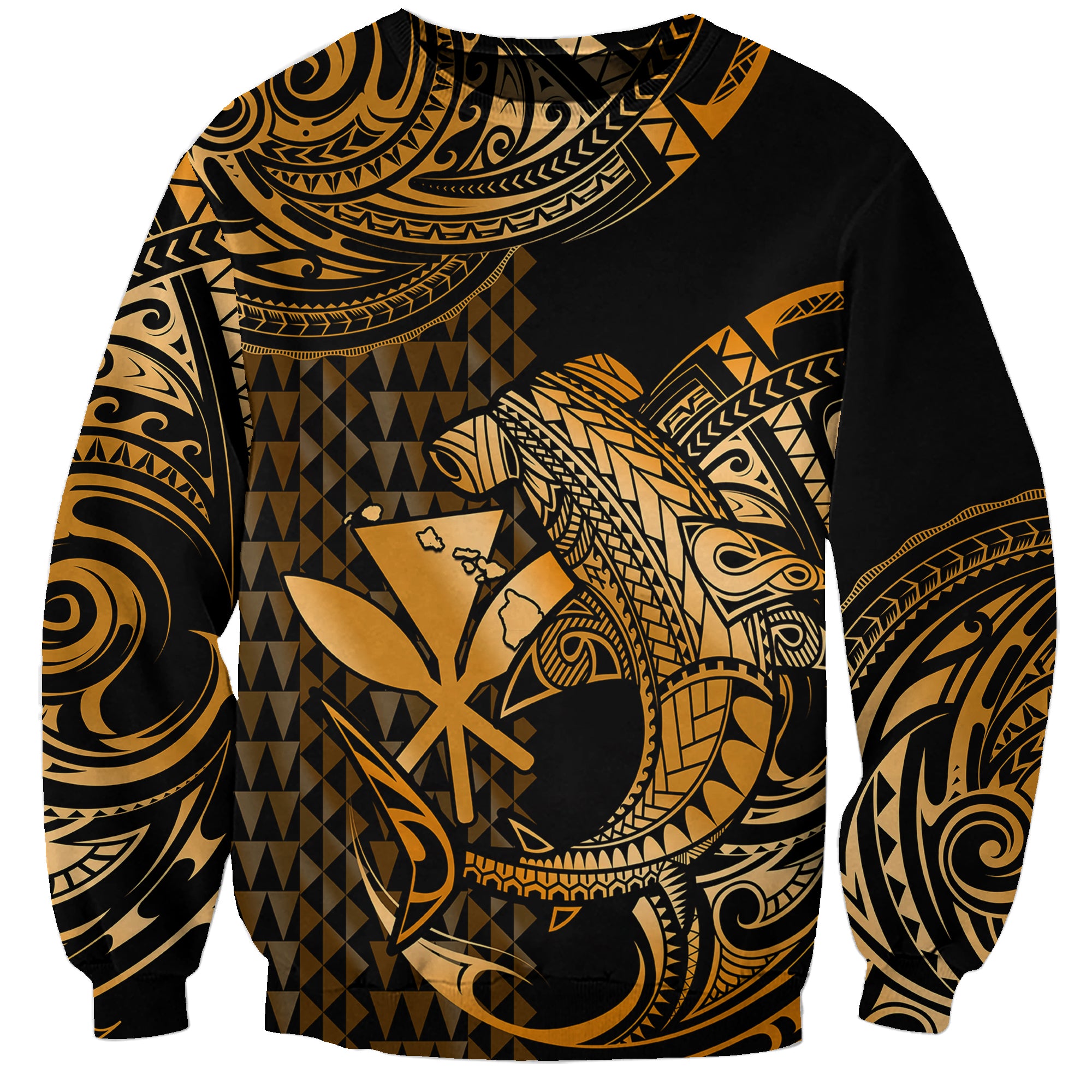 (Custom Personalised) Hawaii Hammerhead Shark Sweatshirt Polynesian Kakau With Kanaka Gold LT14 Unisex Gold - Polynesian Pride