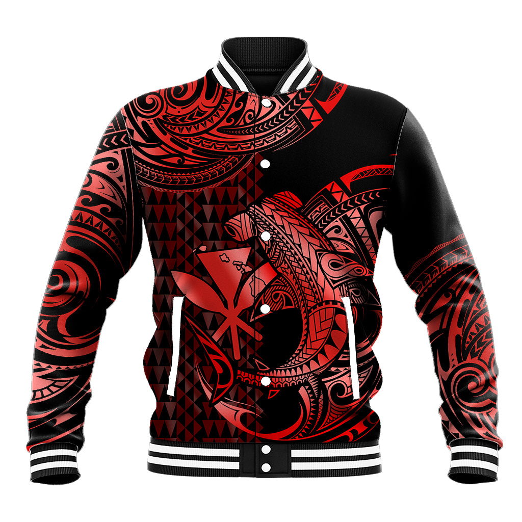 (Custom Personalised) Hawaii Hammerhead Shark Baseball Jacket Polynesian Kakau With Kanaka Red LT14 Unisex Red - Polynesian Pride