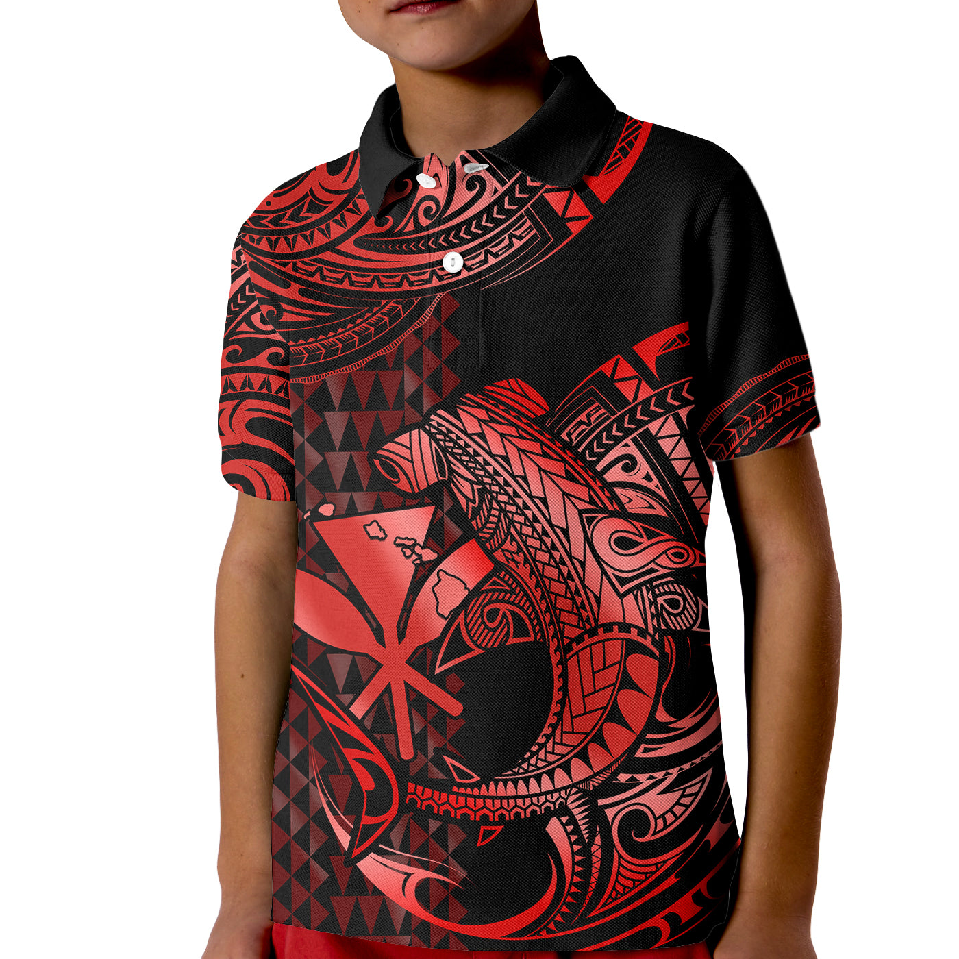 (Custom Personalised) Hawaii Hammerhead Shark Kid Polo Shirt Polynesian Kakau With Kanaka Red LT14 Kid Red - Polynesian Pride