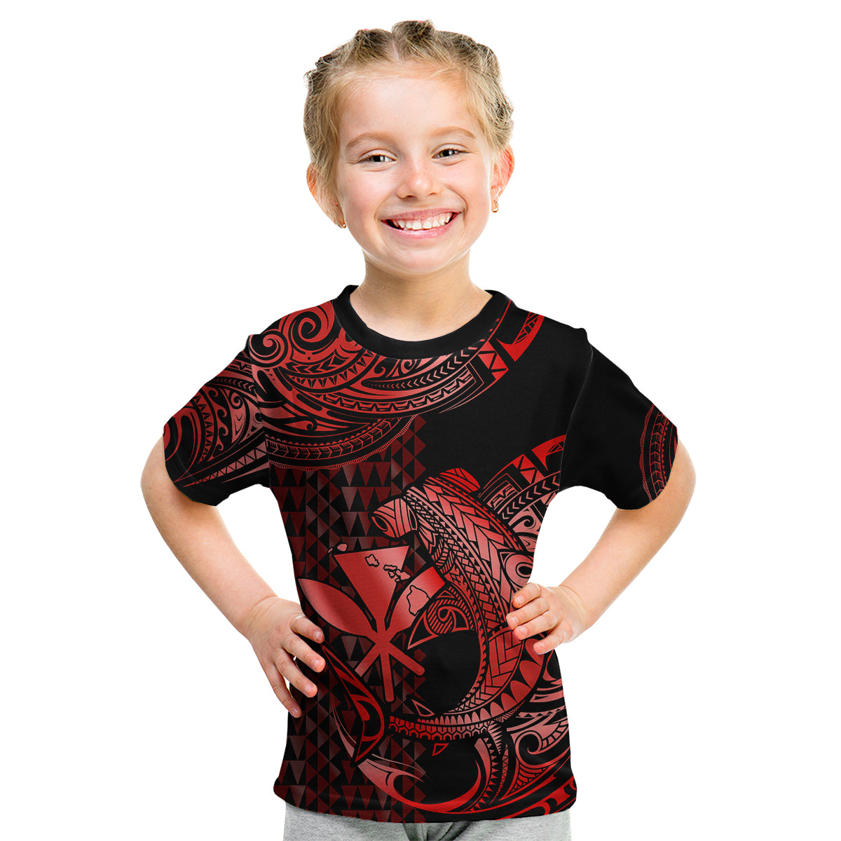 (Custom Personalised) Hawaii Hammerhead Shark Kid T Shirt Polynesian Kakau With Kanaka Red LT14 Youth XL Size14 - Polynesian Pride