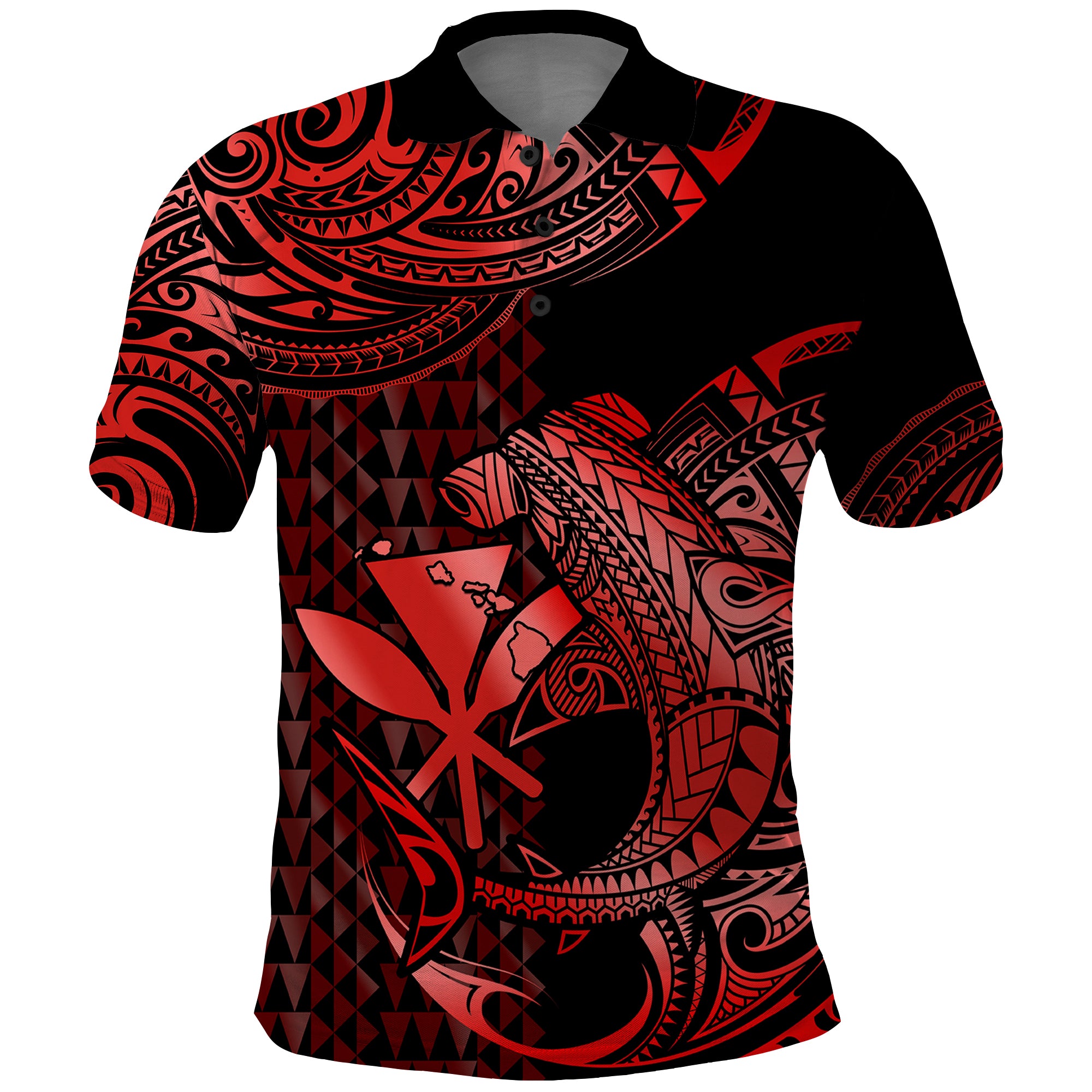 Custom Hawaii Hammerhead Shark Polo Shirt Polynesian Kakau With Kanaka Red LT14 Red - Polynesian Pride