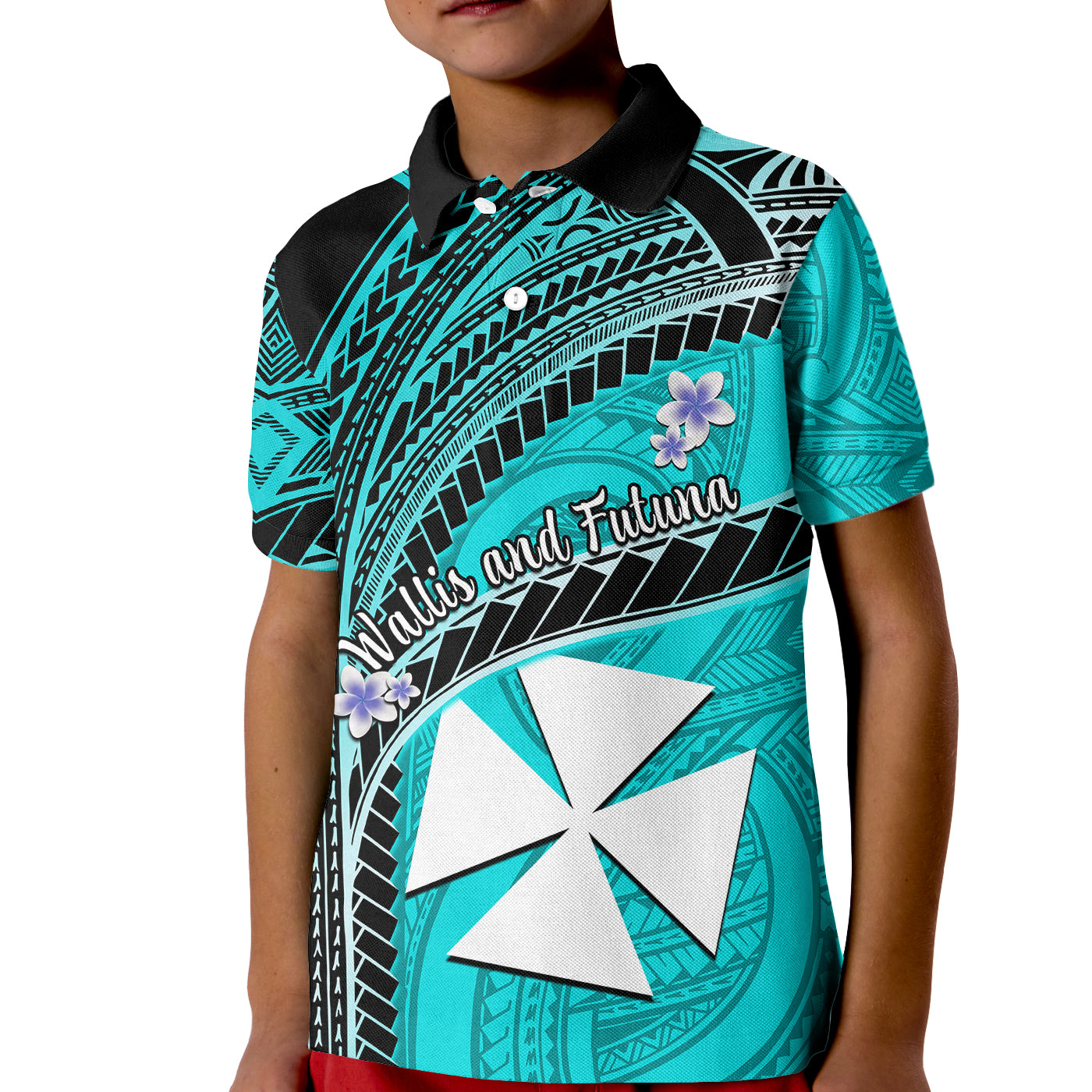 (Custom Personalised) Wallis And Futuna Kid Polo Shirt Plumeria Flowers With Turquoise Polynesian Pattern LT14 Kid Turquoise - Polynesian Pride