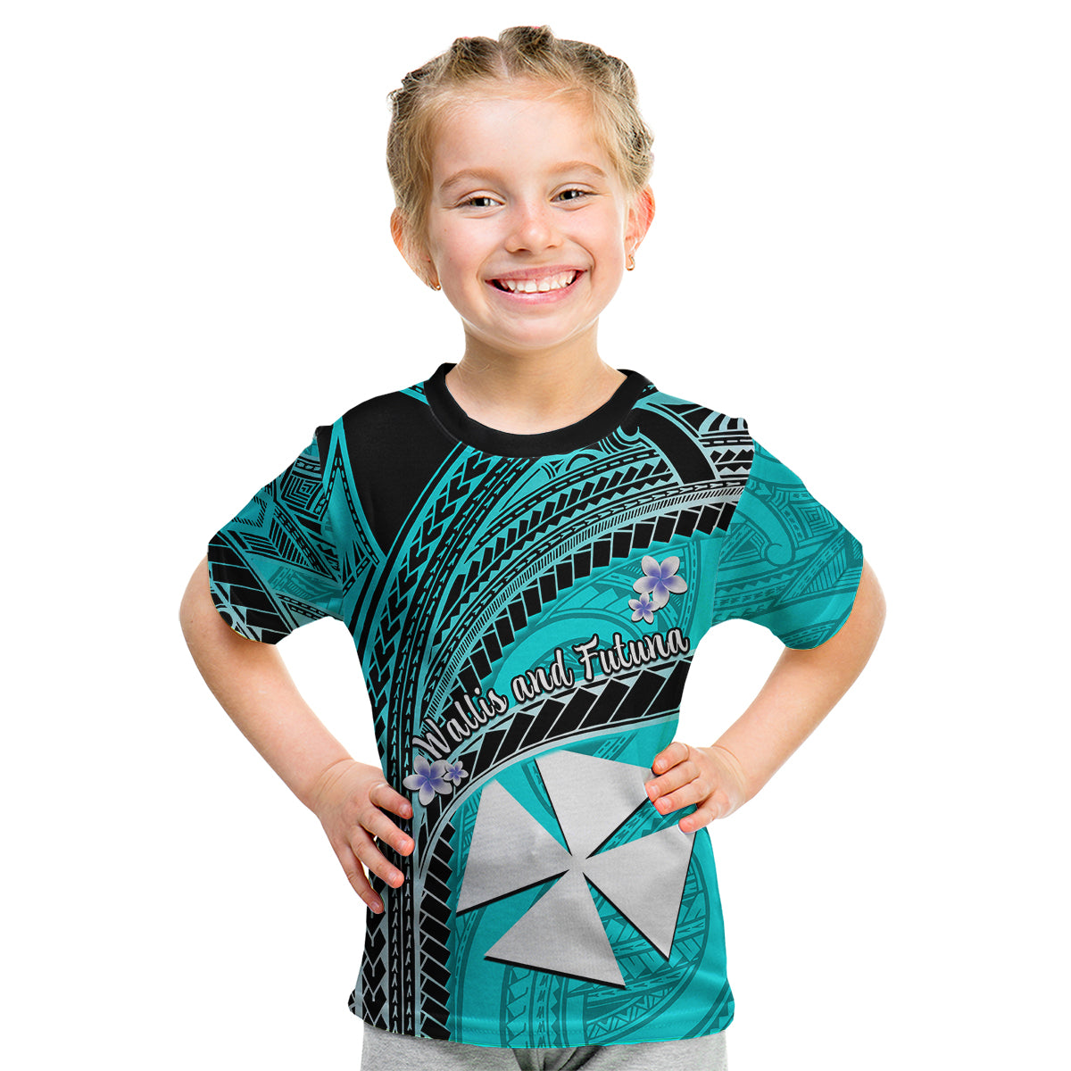 (Custom Personalised) Wallis And Futuna Kid T Shirt Plumeria Flowers With Turquoise Polynesian Pattern LT14 - Polynesian Pride