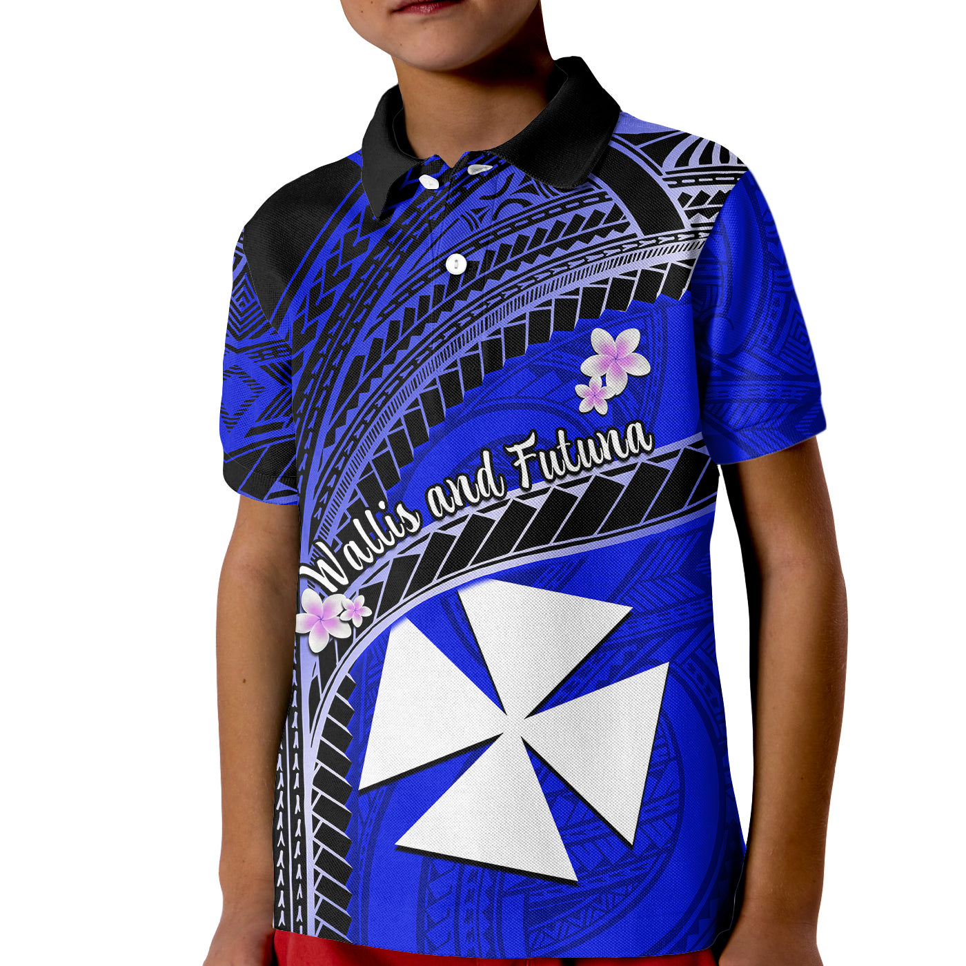 (Custom Personalised) Wallis And Futuna Kid Polo Shirt Plumeria Flowers With Blue Polynesian Pattern LT14 Kid Blue - Polynesian Pride