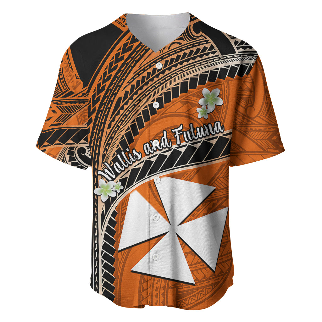 (Custom Personalised) Wallis And Futuna Baseball Jersey Plumeria Flowers With Orange Polynesian Pattern LT14 - Polynesian Pride