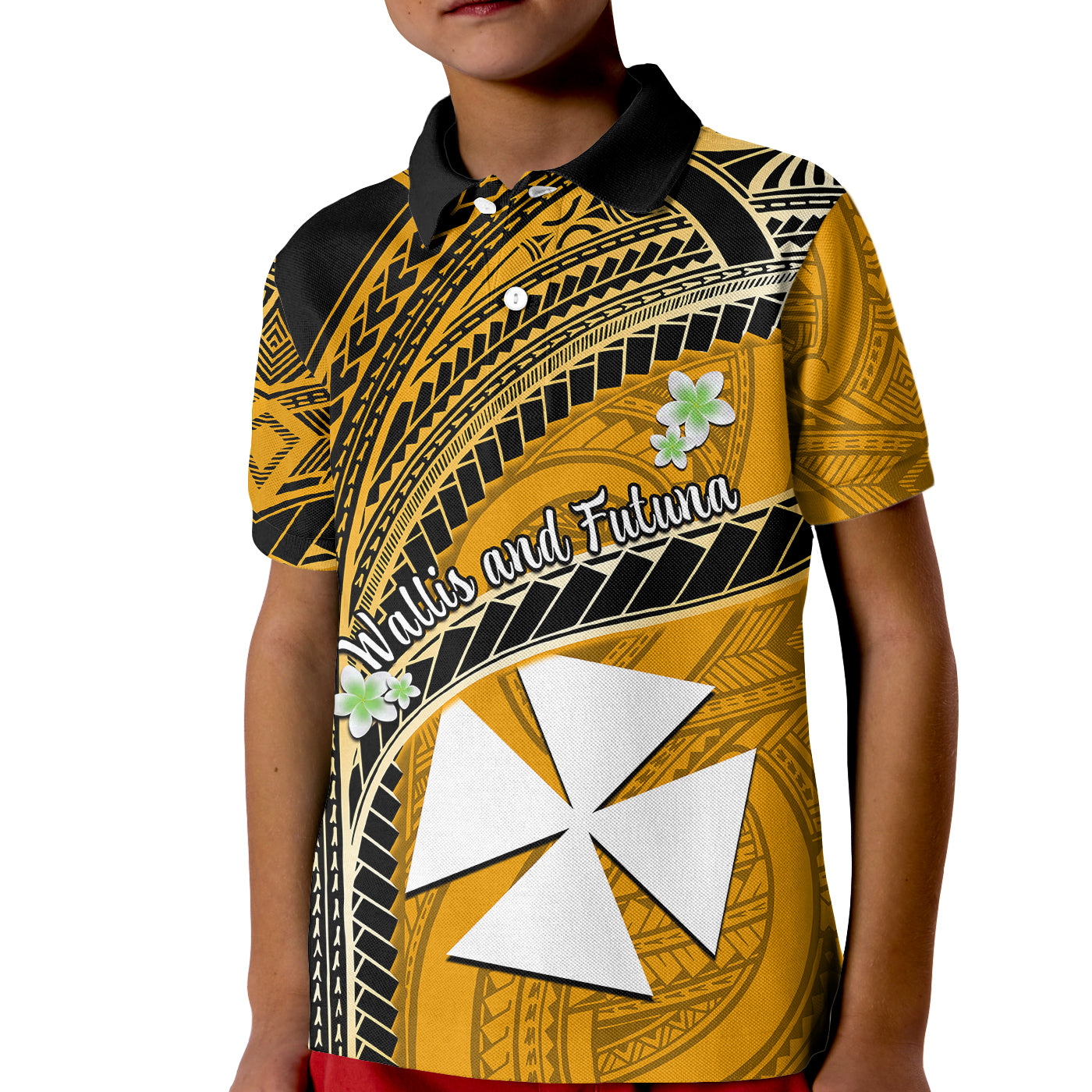 (Custom Personalised) Wallis And Futuna Kid Polo Shirt Plumeria Flowers With Gold Polynesian Pattern LT14 Kid Gold - Polynesian Pride