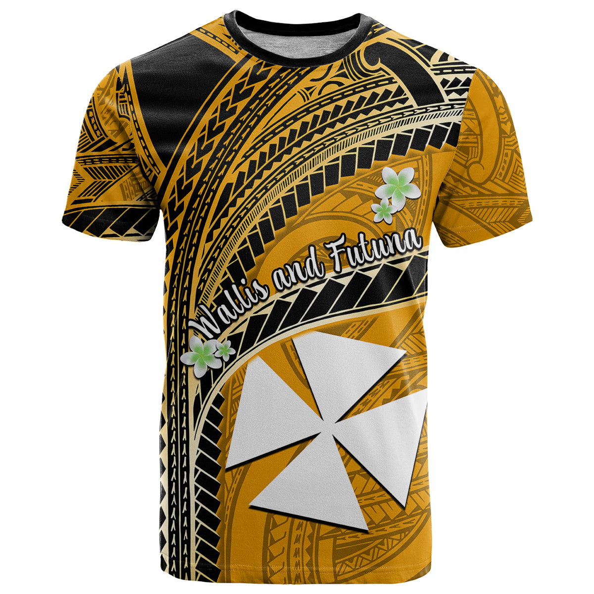 Custom Wallis and Futuna T Shirt Plumeria Flowers With Gold Polynesian Pattern LT14 Gold - Polynesian Pride