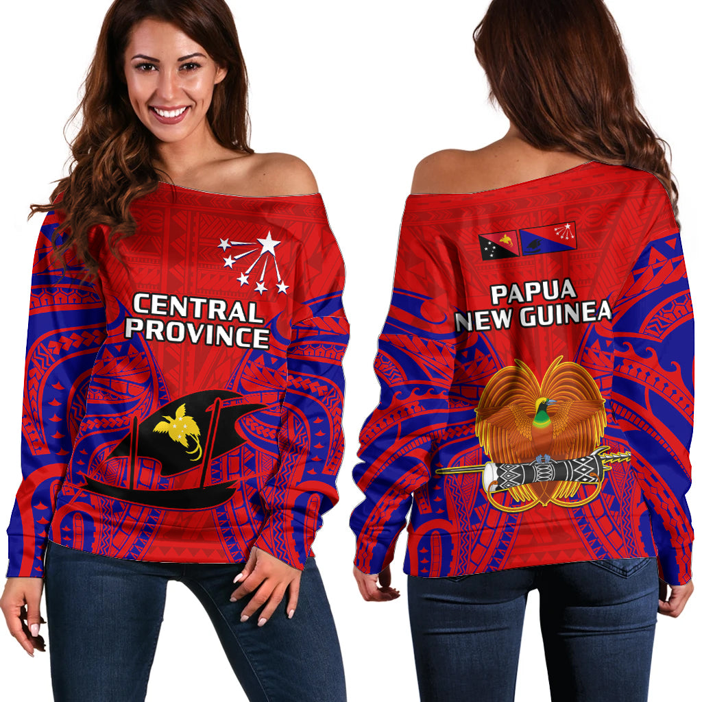 Papua New Guinea Off Shoulder Sweater Central Province Mix Coat Of Arms Polynesian Art LT14 Women Red - Polynesian Pride