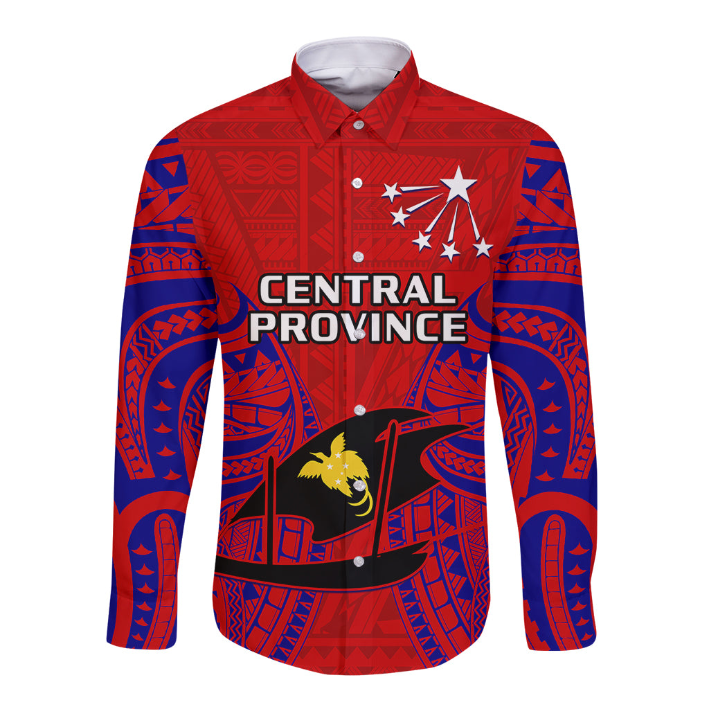 (Custom Personalised) Papua New Guinea Long Sleeve Button Shirt Central Province Mix Coat Of Arms Polynesian Art LT14 Unisex Red - Polynesian Pride