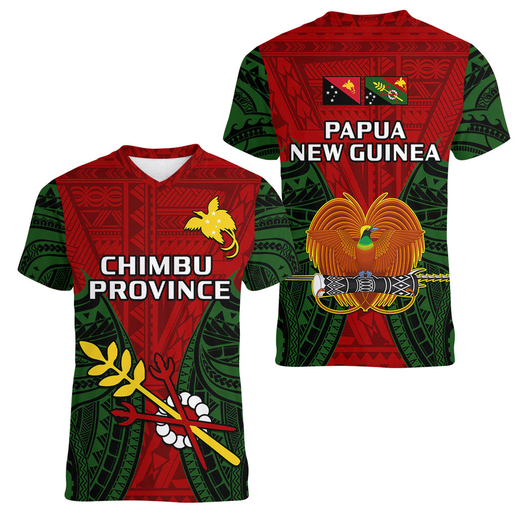 Papua New Guinea Women V Neck T Shirt Chimbu Province Mix Coat Of Arms Polynesian Art LT14 Female Red - Polynesian Pride