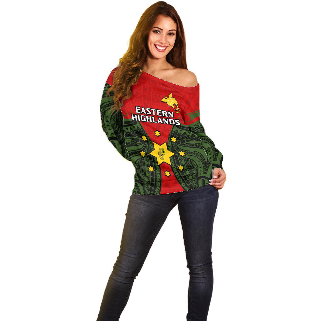 Papua New Guinea Off Shoulder Sweater Eastern Highlands Province Mix Coat Of Arms Polynesian Art LT14 - Polynesian Pride
