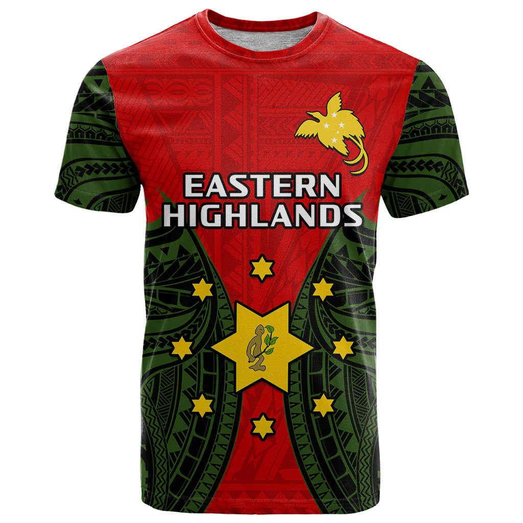 Papua New Guinea T Shirt Eastern Highlands Province Mix Coat Of Arms Polynesian Art LT14 Red - Polynesian Pride