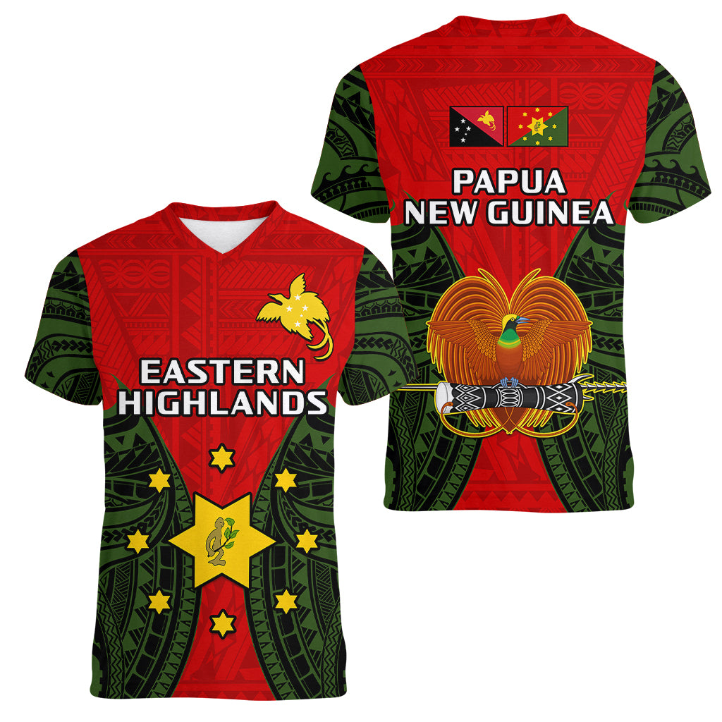 Papua New Guinea Women V Neck T Shirt Eastern Highlands Province Mix Coat Of Arms Polynesian Art LT14 Female Red - Polynesian Pride