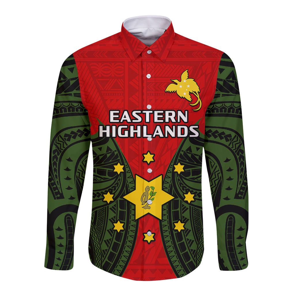 (Custom Personalised) Papua New Guinea Long Sleeve Button Shirt Eastern Highlands Province Mix Coat Of Arms Polynesian Art LT14 Unisex Red - Polynesian Pride