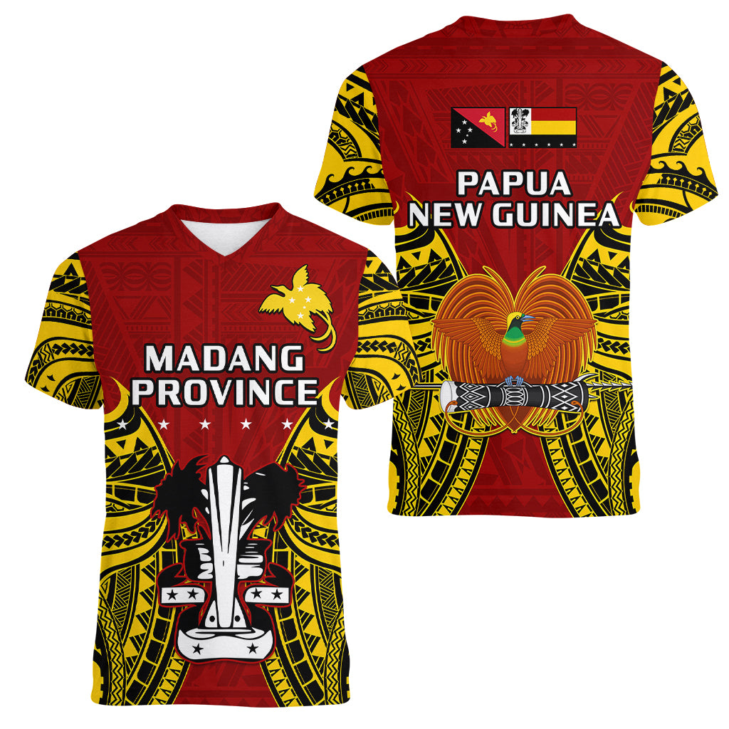 Papua New Guinea Women V Neck T Shirt Madang Province Mix Coat Of Arms Polynesian Art LT14 Female Red - Polynesian Pride