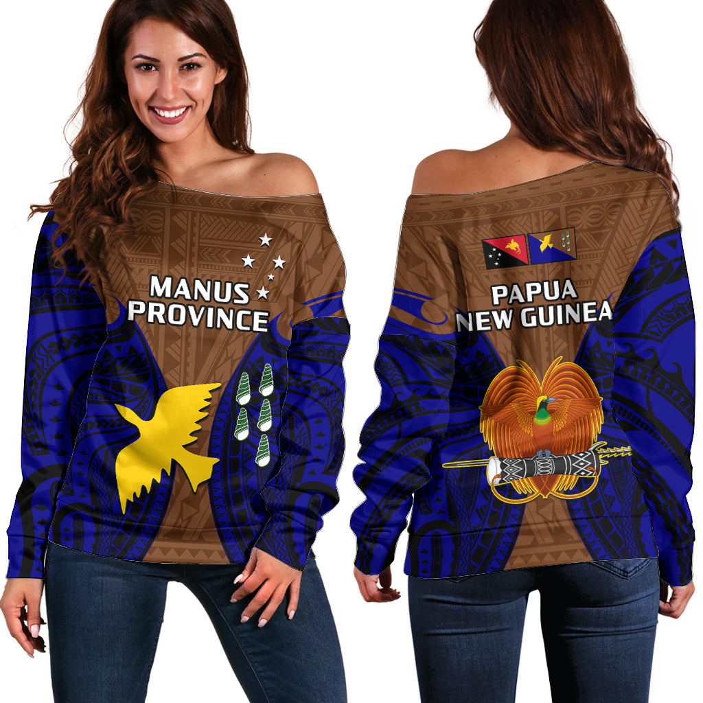 Papua New Guinea Off Shoulder Sweater Manus Province Mix Coat Of Arms Polynesian Art LT14 Women Brown - Polynesian Pride