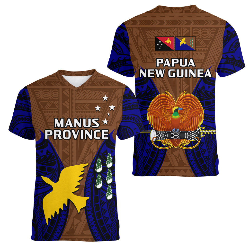 Papua New Guinea Women V Neck T Shirt Manus Province Mix Coat Of Arms Polynesian Art LT14 Female Brown - Polynesian Pride