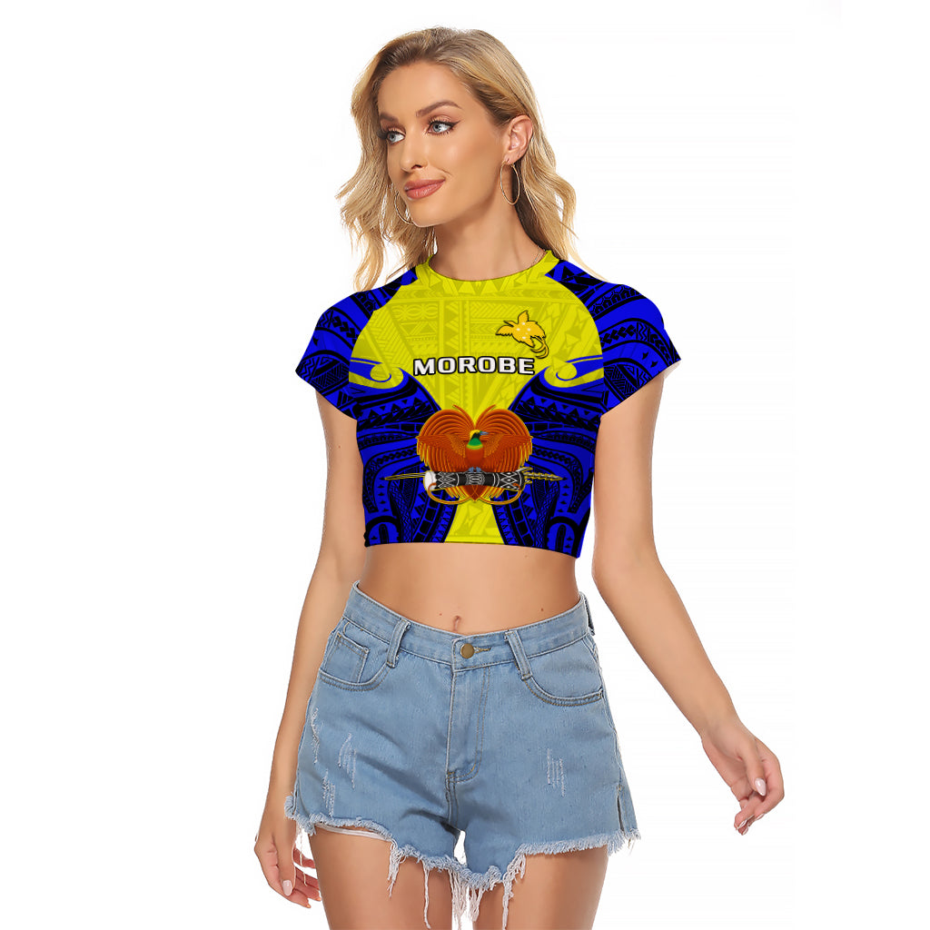 Papua New Guinea Raglan Cropped T Shirt Morobe Province Mix Coat Of Arms Polynesian Art LT14 Female Yellow - Polynesian Pride