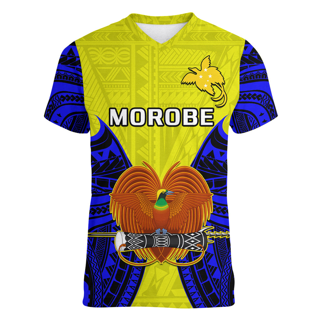 Papua New Guinea Women V Neck T Shirt Morobe Province Mix Coat Of Arms Polynesian Art LT14 - Polynesian Pride