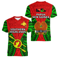 Papua New Guinea Women V Neck T Shirt Southern Highlands Province Mix Coat Of Arms Polynesian Art LT14 Female Red - Polynesian Pride
