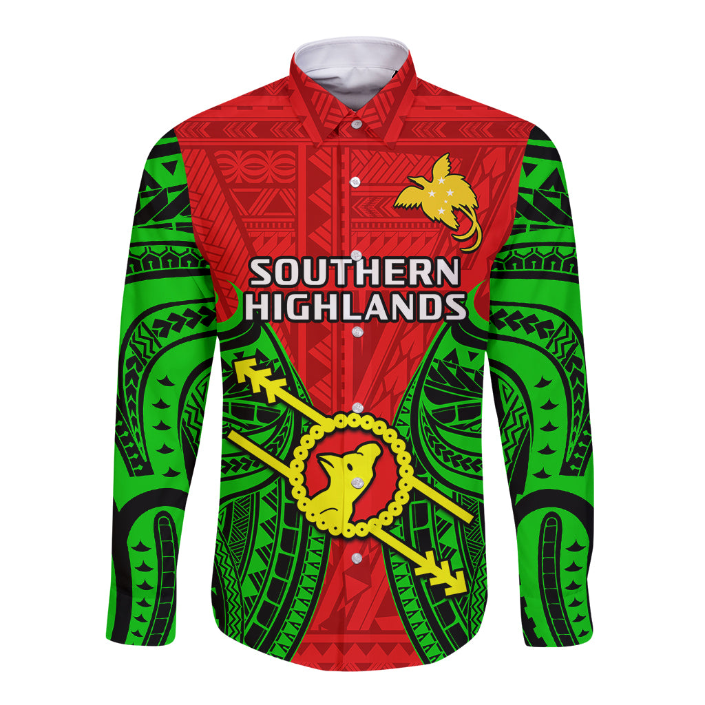 (Custom Personalised) Papua New Guinea Long Sleeve Button Shirt Southern Highlands Province Mix Coat Of Arms Polynesian Art LT14 Unisex Red - Polynesian Pride