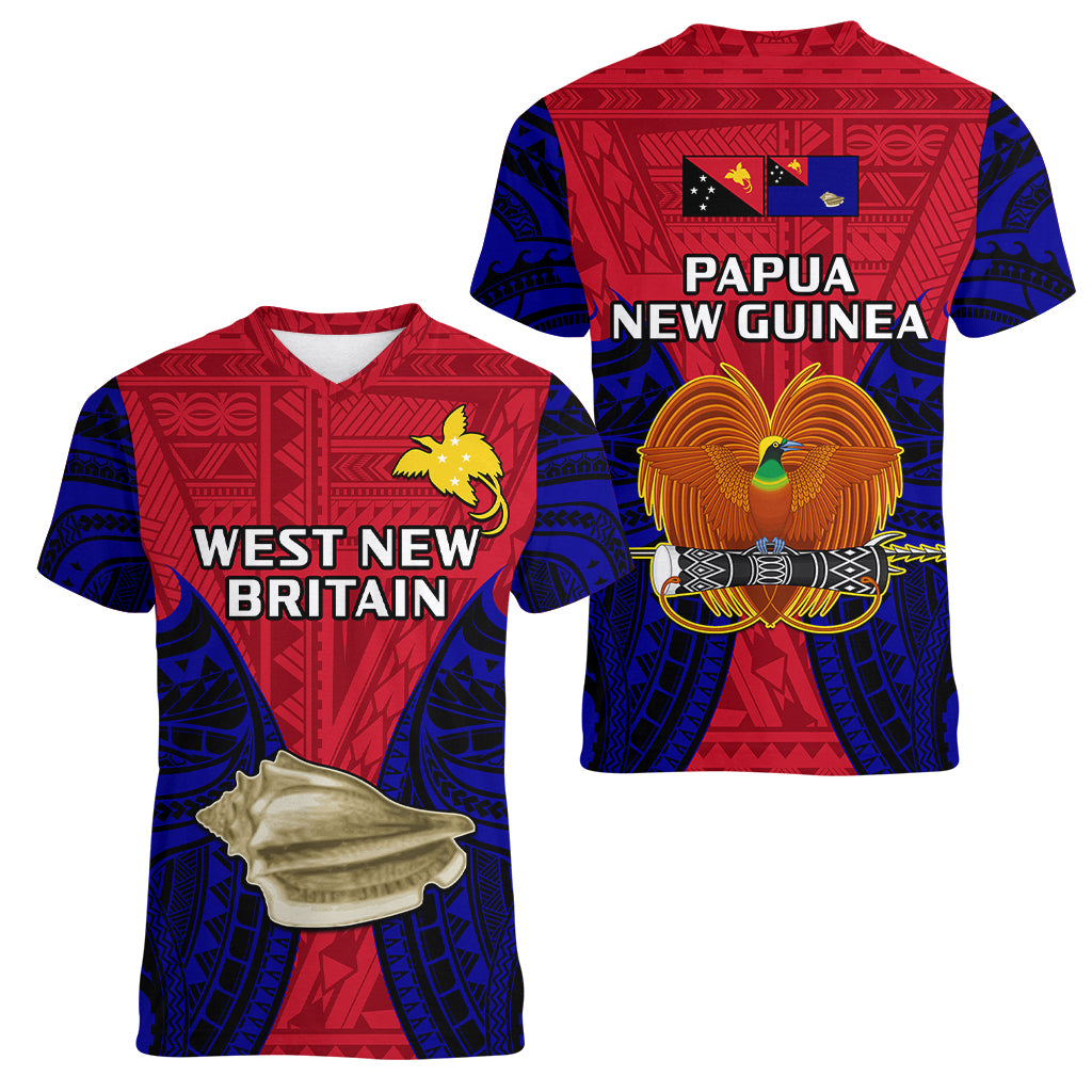 Papua New Guinea Women V Neck T Shirt West New Britain Province Mix Coat Of Arms Polynesian Art LT14 Female Red - Polynesian Pride