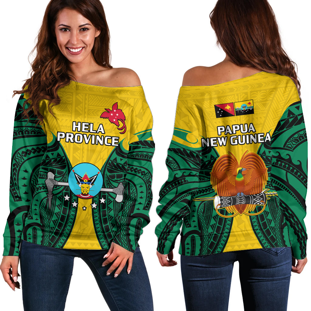 Papua New Guinea Off Shoulder Sweater Hela Province Mix Coat Of Arms Polynesian Art LT14 Women Yellow - Polynesian Pride