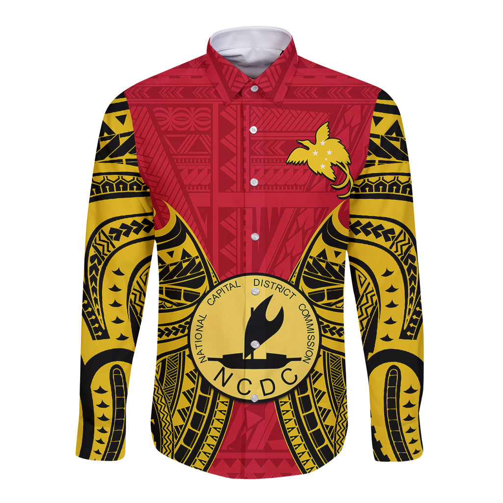 Papua New Guinea Long Sleeve Button Shirt National Capital District Mix Coat Of Arms Polynesian Art LT14 Unisex Red - Polynesian Pride