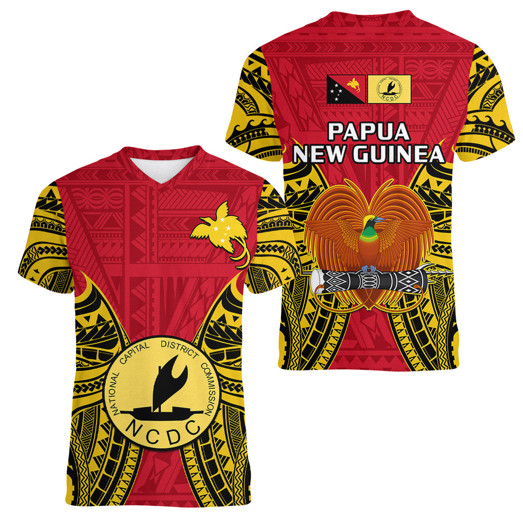 Papua New Guinea Women V Neck T Shirt National Capital District Mix Coat Of Arms Polynesian Art LT14 Female Red - Polynesian Pride