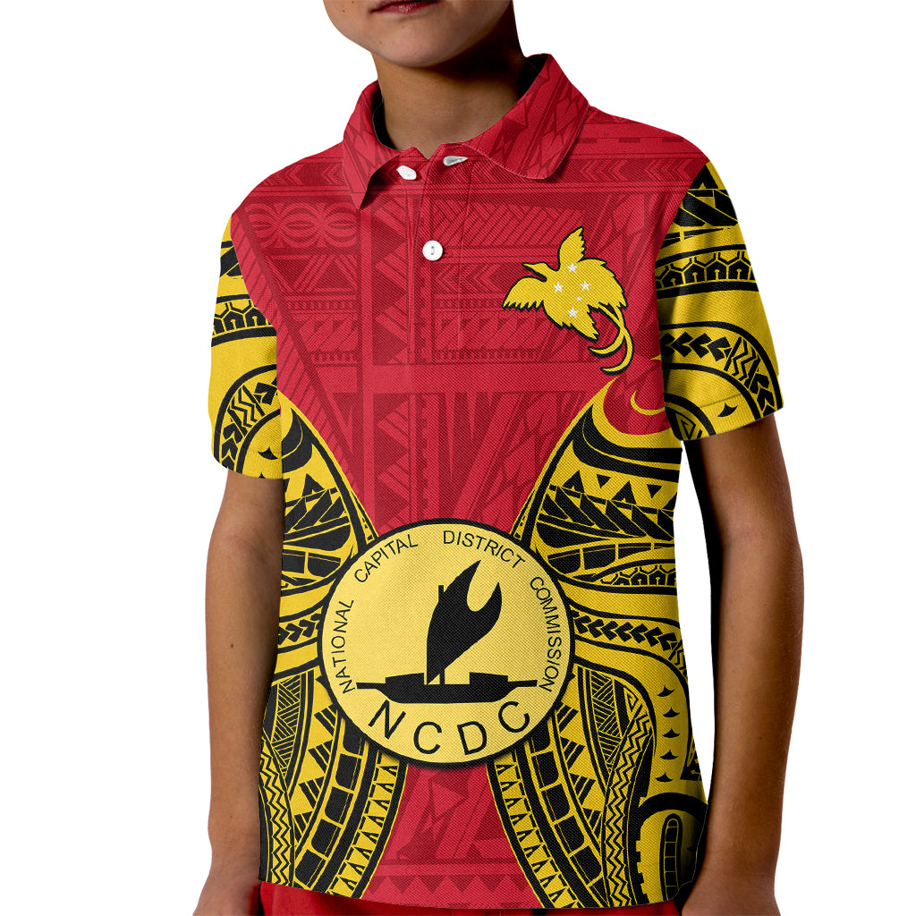 (Custom Personalised) Papua New Guinea Kid Polo Shirt National Capital District Mix Coat Of Arms Polynesian Art LT14 Kid Red - Polynesian Pride