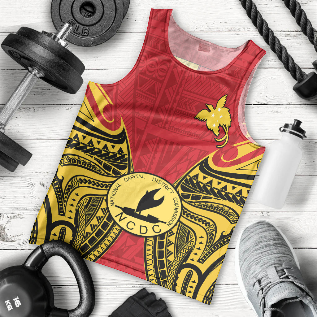 (Custom Personalised) Papua New Guinea Men Tank Top National Capital District Mix Coat Of Arms Polynesian Art LT14 Red - Polynesian Pride