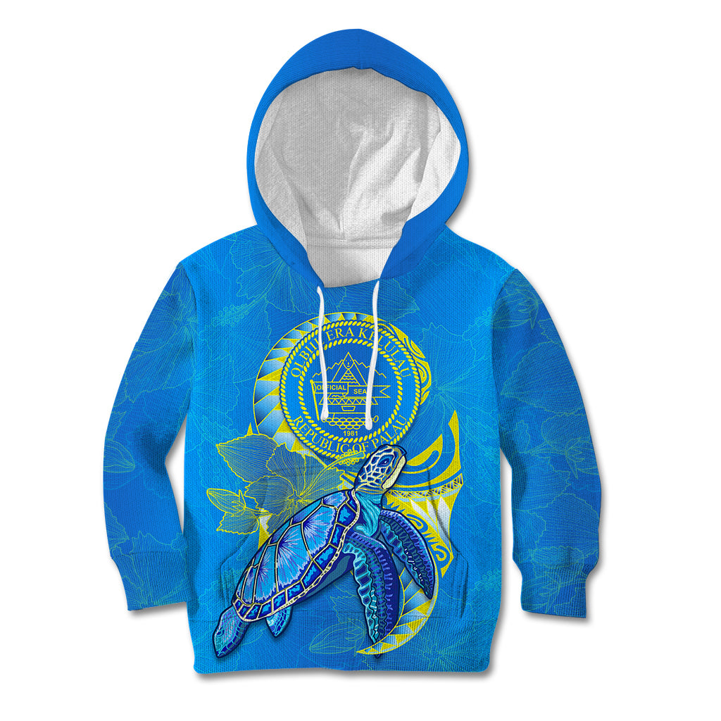 (Custom Personalised) Palau Kid Hoodie Hibiscus Turtle Mix Coat Of Arms Blue Version LT14 Blue - Polynesian Pride