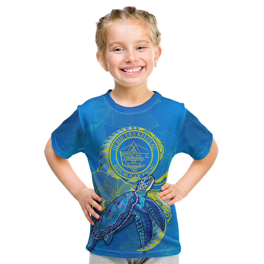 (Custom Personalised) Palau Kid T Shirt Hibiscus Turtle Mix Coat Of Arms Blue Version LT14 - Polynesian Pride