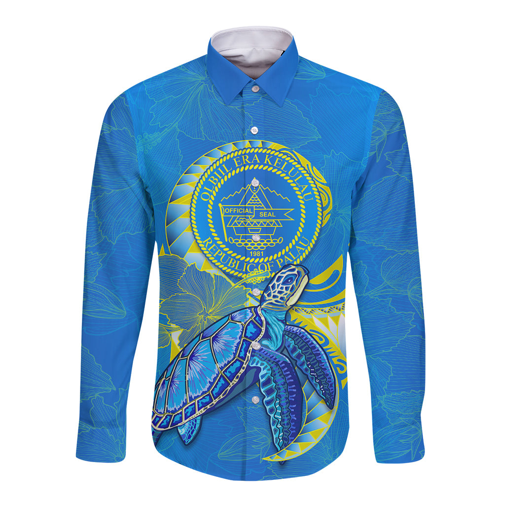 (Custom Personalised) Palau Long Sleeve Button Shirt Hibiscus Turtle Mix Coat Of Arms Blue Version LT14 Unisex Blue - Polynesian Pride