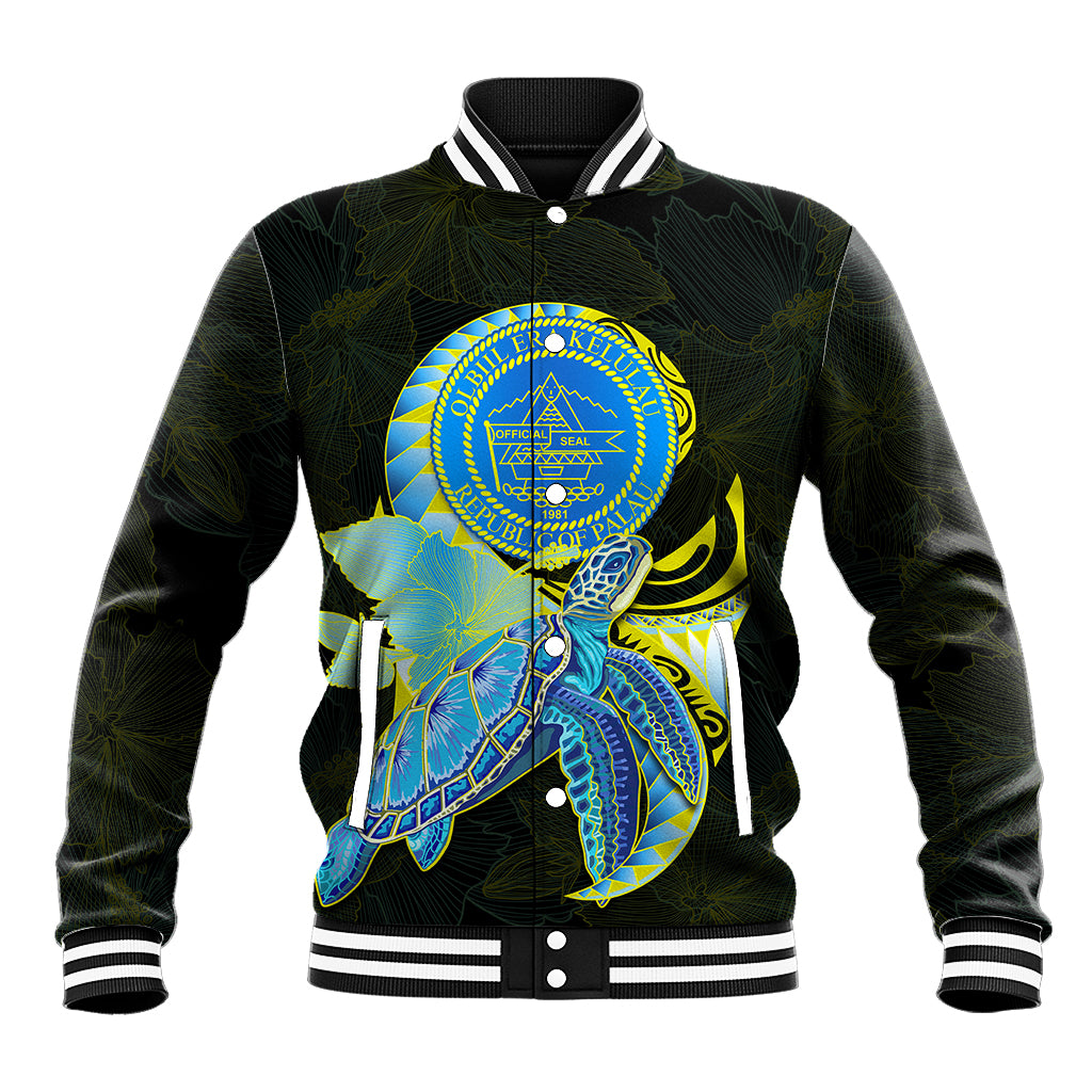 (Custom Personalised) Palau Baseball Jacket Hibiscus Turtle Mix Coat Of Arms Black Version LT14 Unisex Black - Polynesian Pride