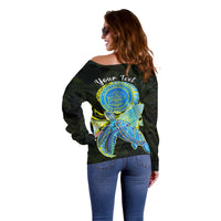 (Custom Personalised) Palau Off Shoulder Sweater Hibiscus Turtle Mix Coat Of Arms Black Version LT14 - Polynesian Pride