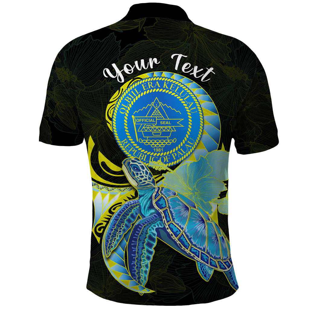 Custom Palau Polo Shirt Hibiscus Turtle Mix Coat Of Arms Black Version LT14 - Polynesian Pride