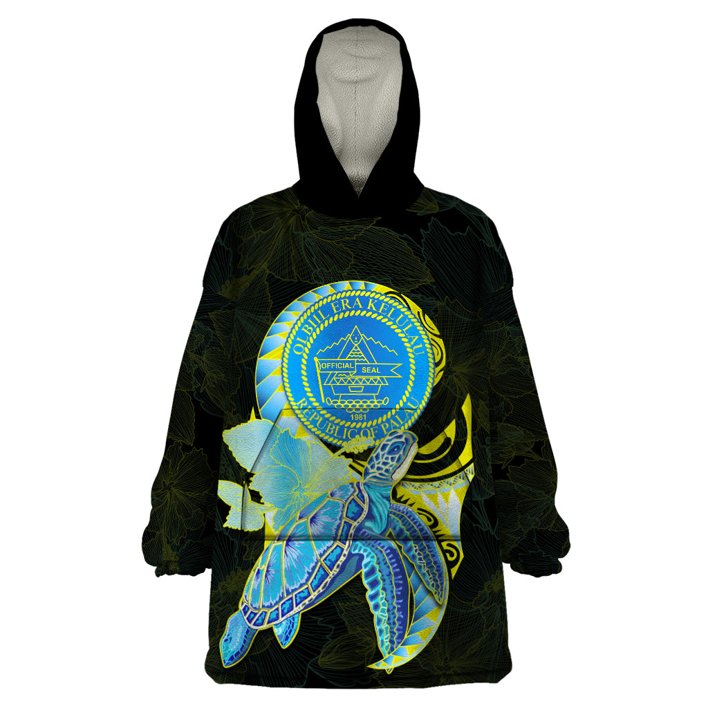 (Custom Personalised) Palau Wearable Blanket Hoodie Hibiscus Turtle Mix Coat Of Arms Black Version LT14 One Size Black - Polynesian Pride