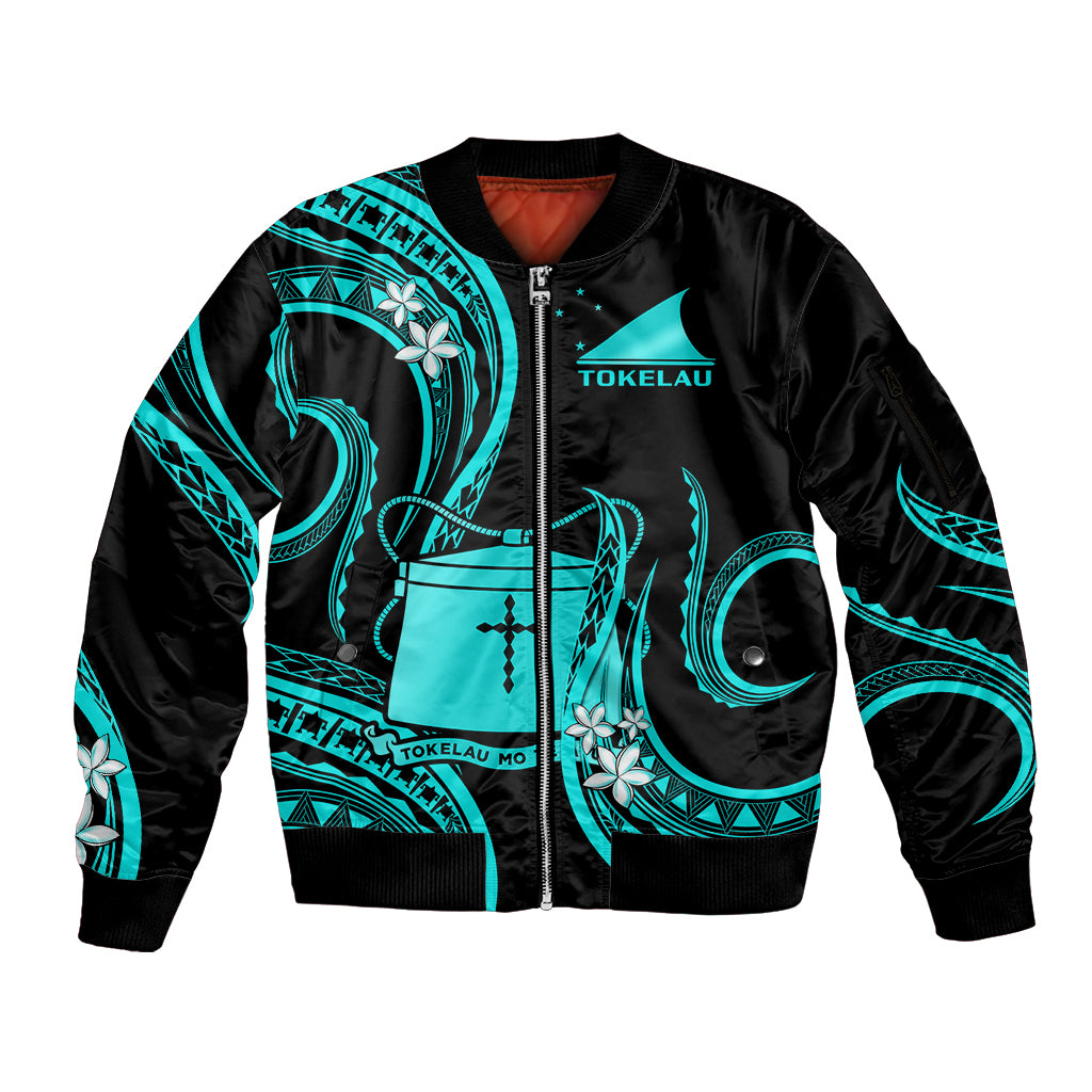 Tokelau Sleeve Zip Bomber Jacket Tokelauan Tatau With Badge Light Turquoise LT14 Unisex Turquoise - Polynesian Pride